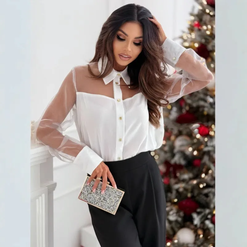 Sophisticated Mesh Patchwork Long-Sleeve Shirt with Turndown Collar