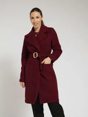 Squared Buckle Belted Coat - Wine