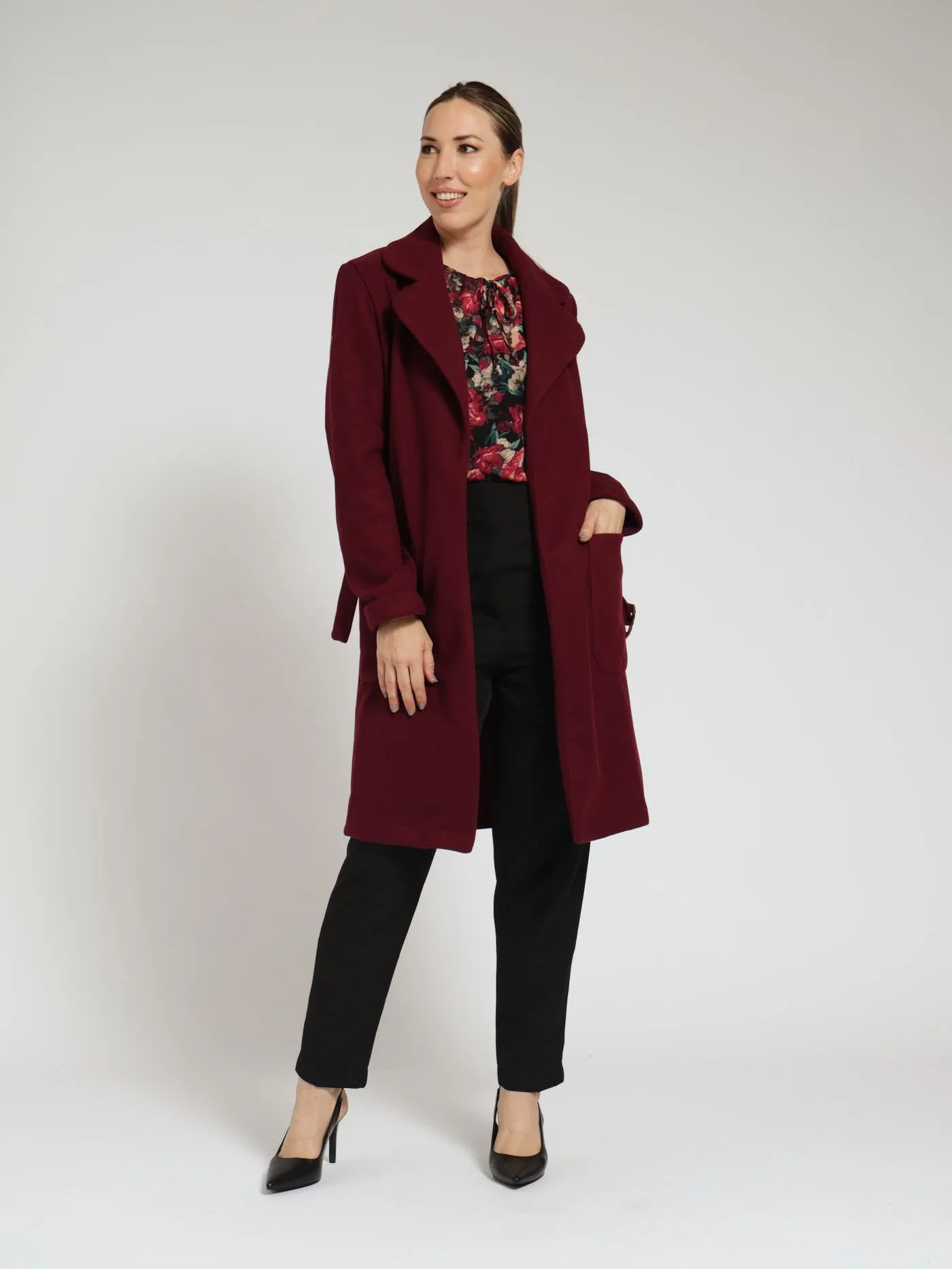 Squared Buckle Belted Coat - Wine