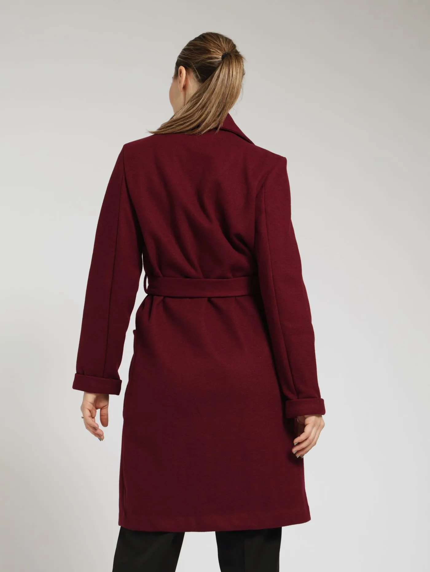 Squared Buckle Belted Coat - Wine