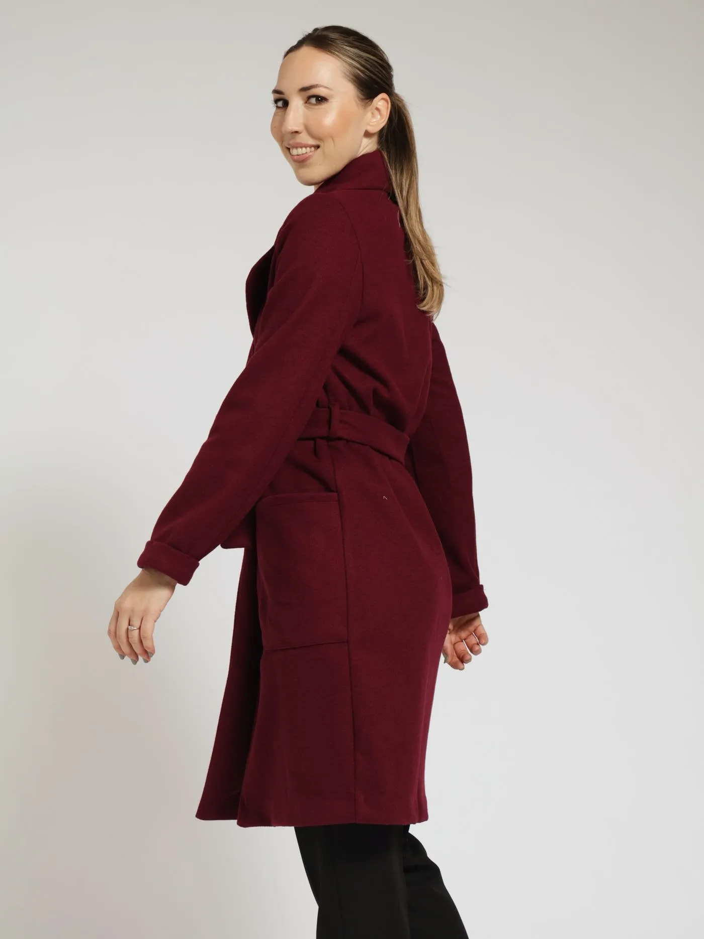Squared Buckle Belted Coat - Wine