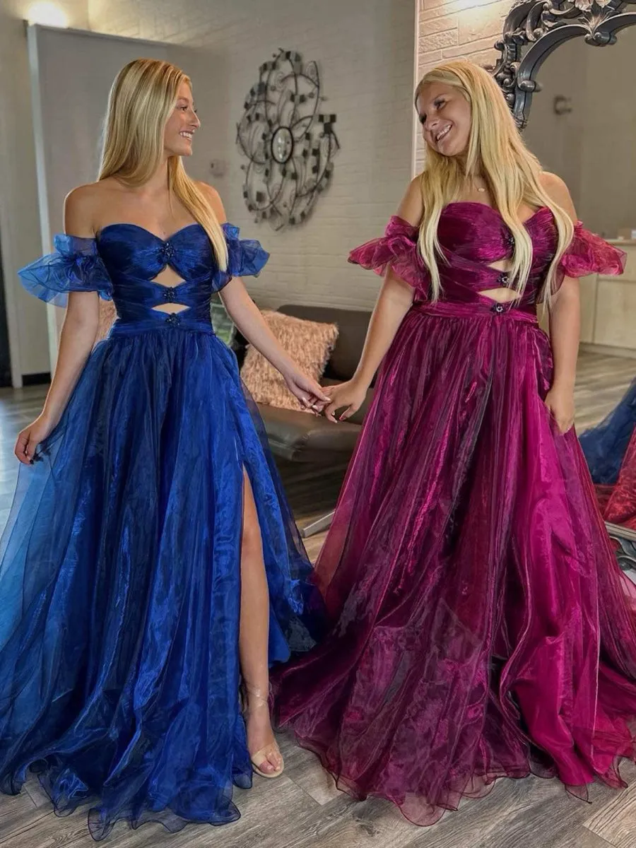 Strapless Keyhole Balloon Sleeves Long Prom Dresses