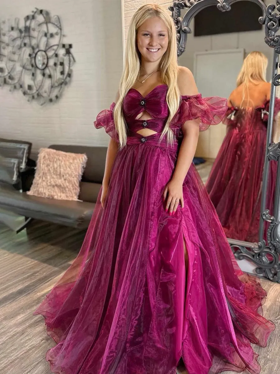 Strapless Keyhole Balloon Sleeves Long Prom Dresses