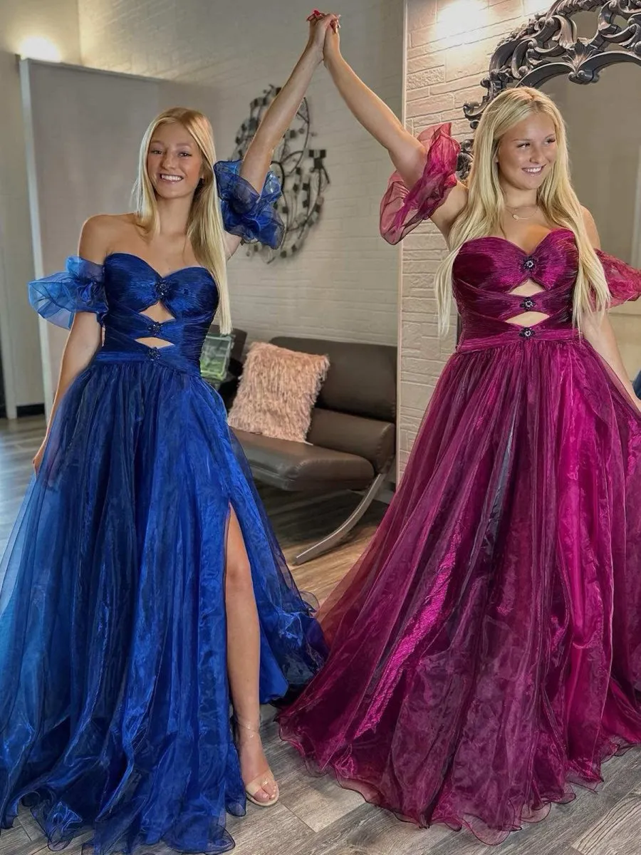 Strapless Keyhole Balloon Sleeves Long Prom Dresses