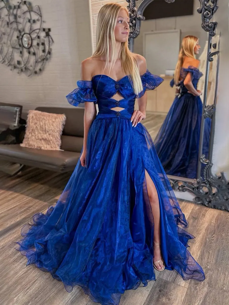 Strapless Keyhole Balloon Sleeves Long Prom Dresses