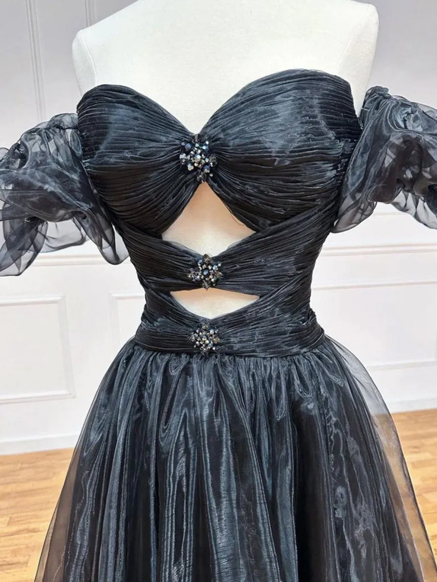 Strapless Keyhole Balloon Sleeves Long Prom Dresses
