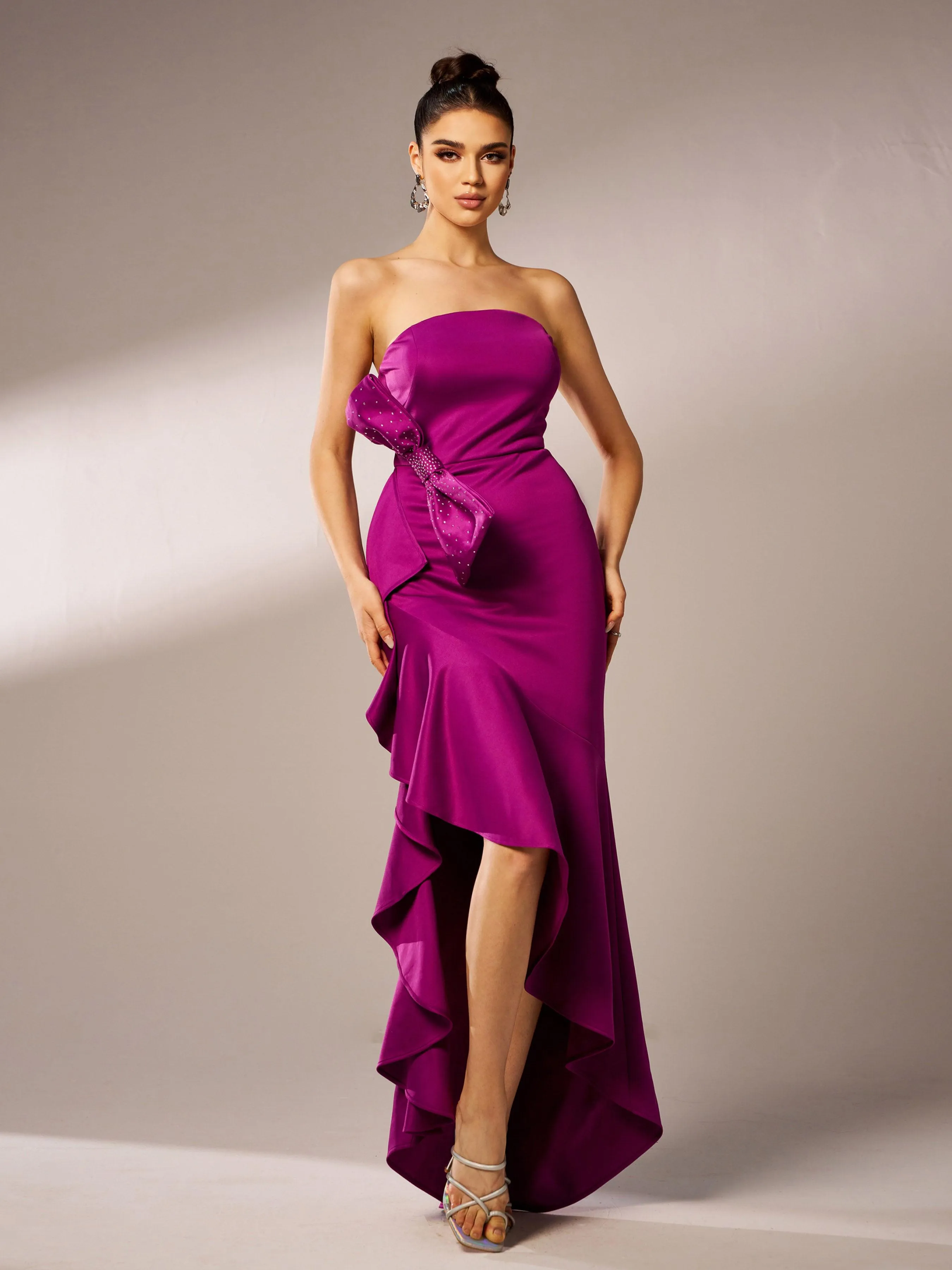 Strapless Knot Asymmetric Prom Dress RJ12016