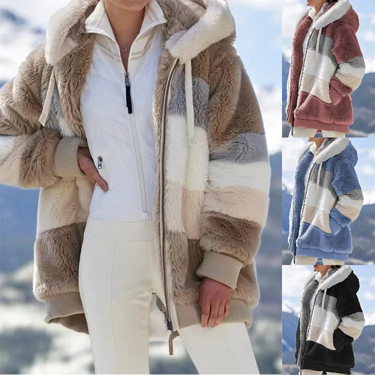 Striped Tri-Tone Faux Fur Hooded Jacket