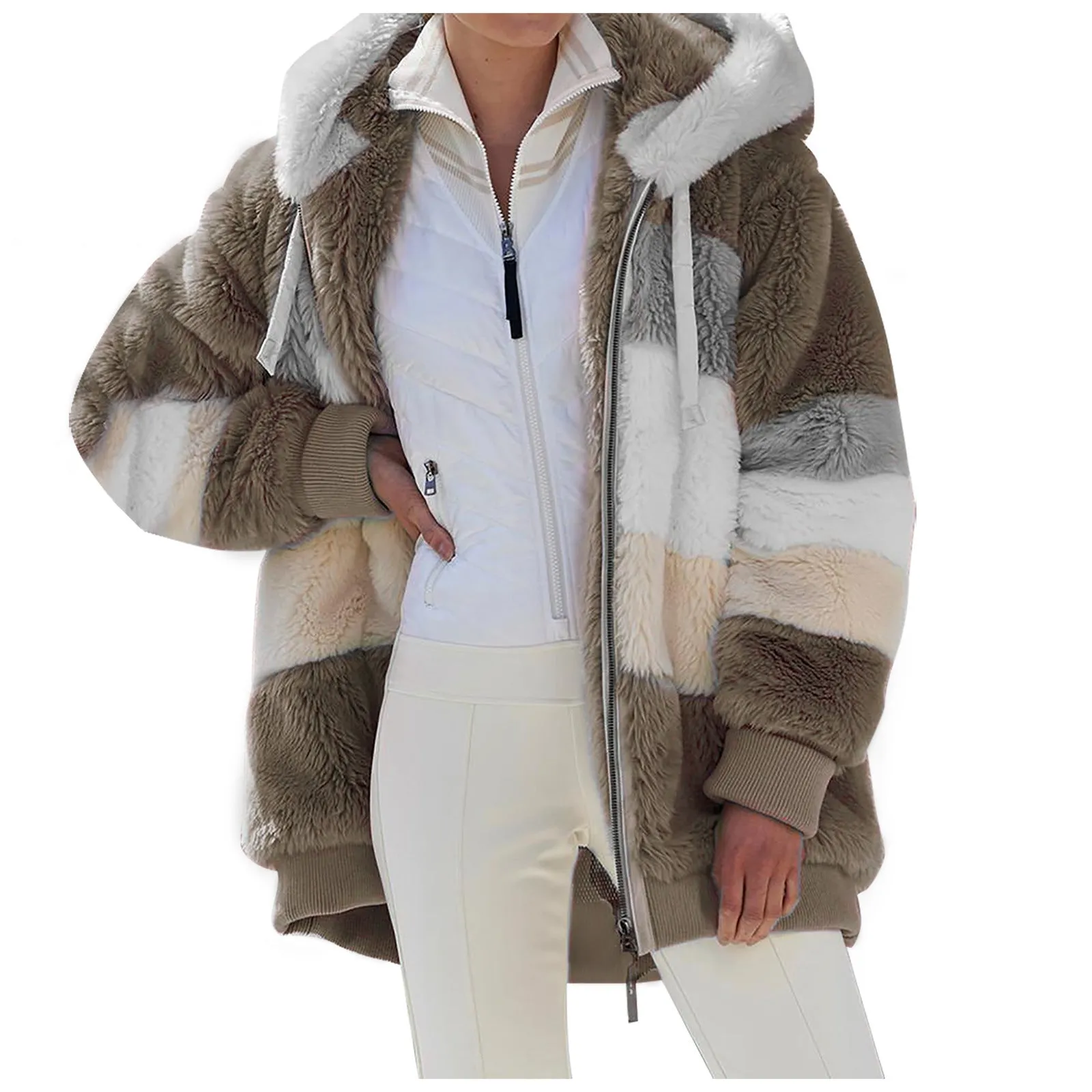 Striped Tri-Tone Faux Fur Hooded Jacket