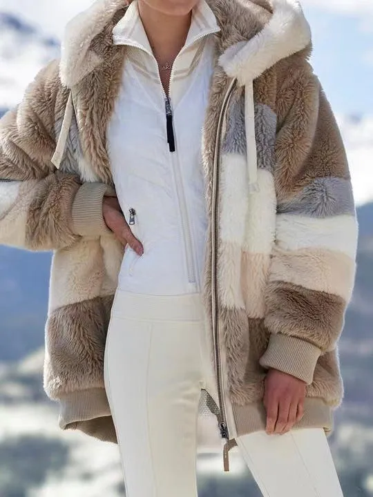 Striped Tri-Tone Faux Fur Hooded Jacket