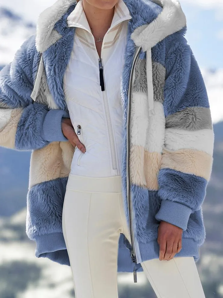 Striped Tri-Tone Faux Fur Hooded Jacket