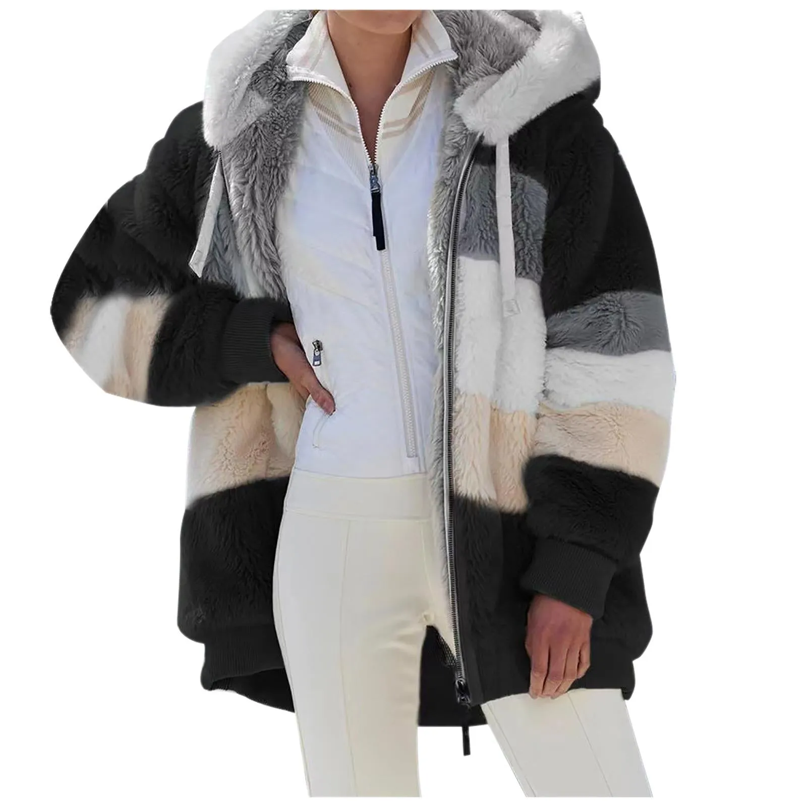 Striped Tri-Tone Faux Fur Hooded Jacket