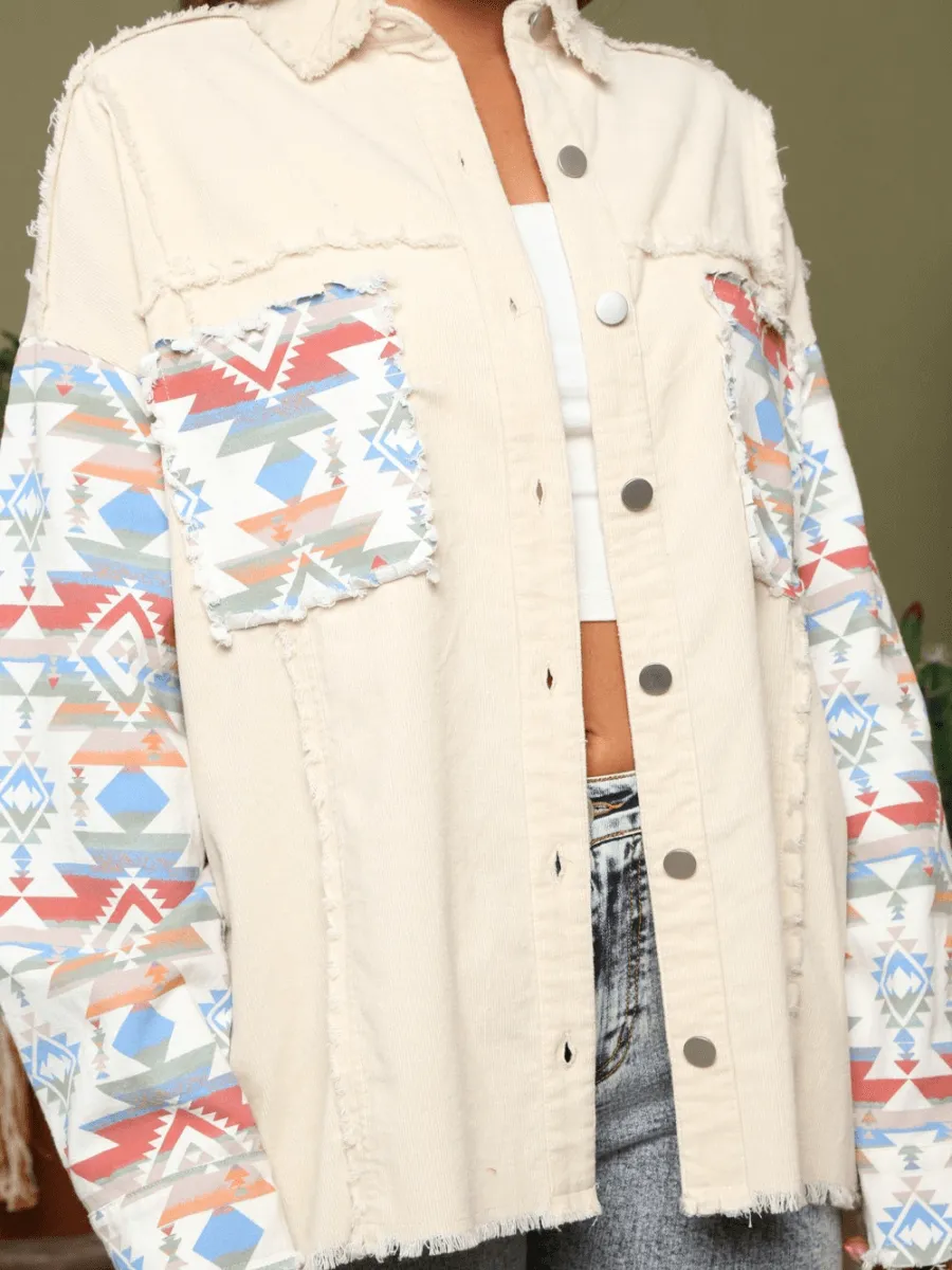 Sydell Oversized Aztec Patchwork Denim Jacket - Cream