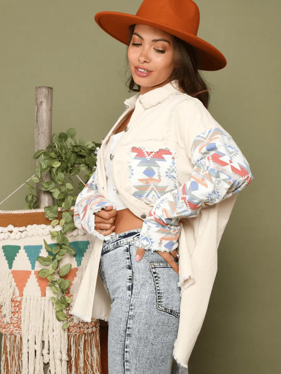 Sydell Oversized Aztec Patchwork Denim Jacket - Cream
