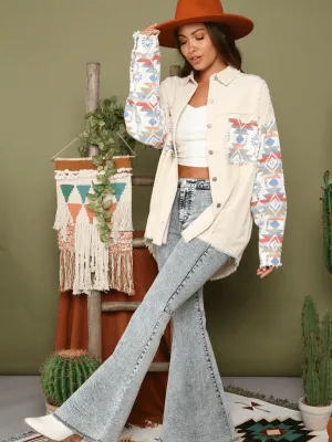 Sydell Oversized Aztec Patchwork Denim Jacket - Cream