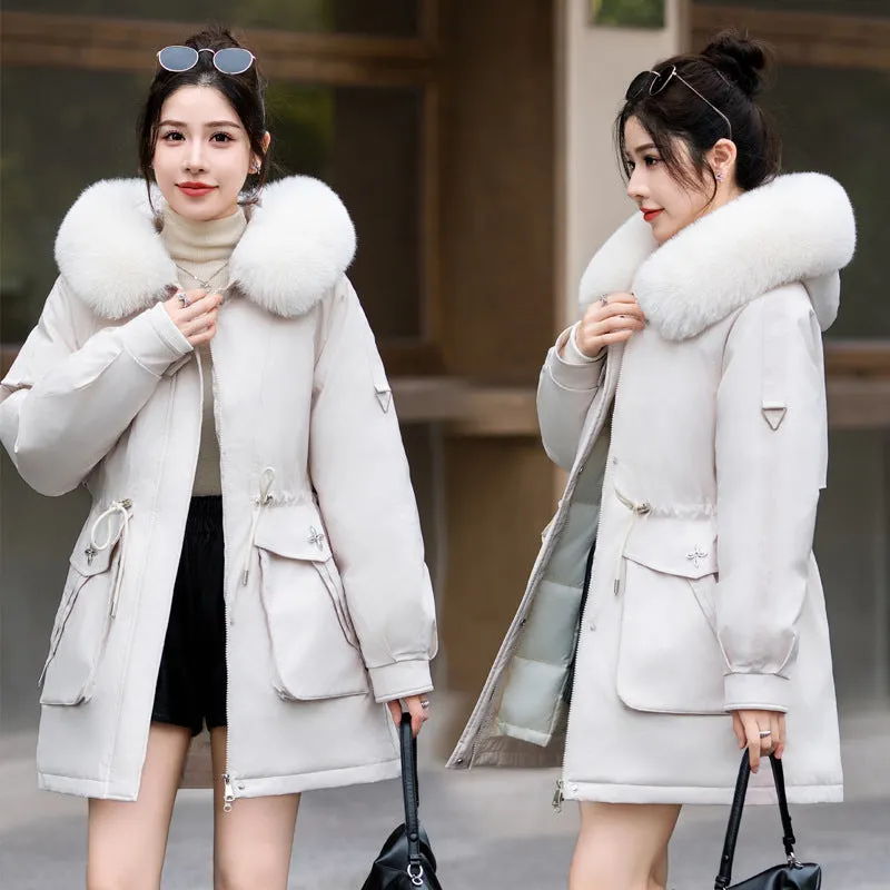 Thickened Hip-length Parka with Windproof Features and a Stain-resistant Finish