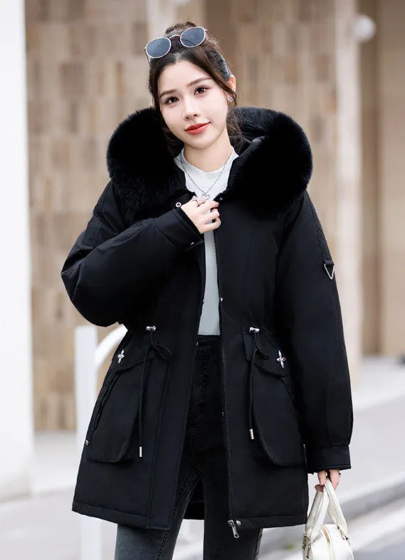 Thickened Hip-length Parka with Windproof Features and a Stain-resistant Finish
