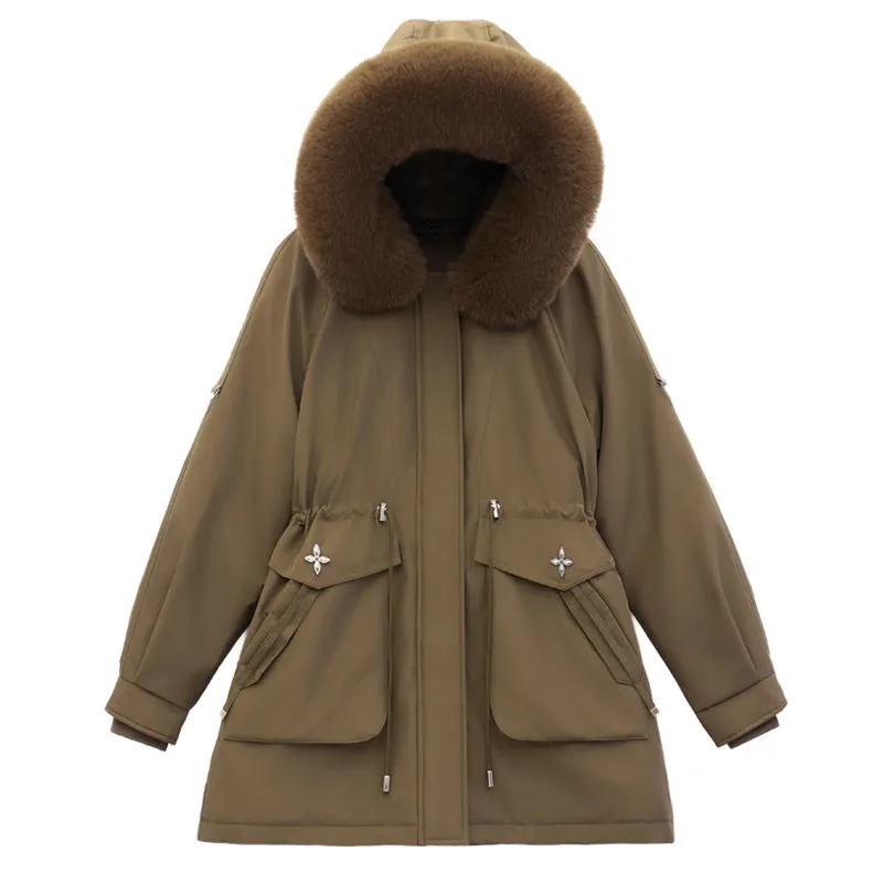Thickened Hip-length Parka with Windproof Features and a Stain-resistant Finish