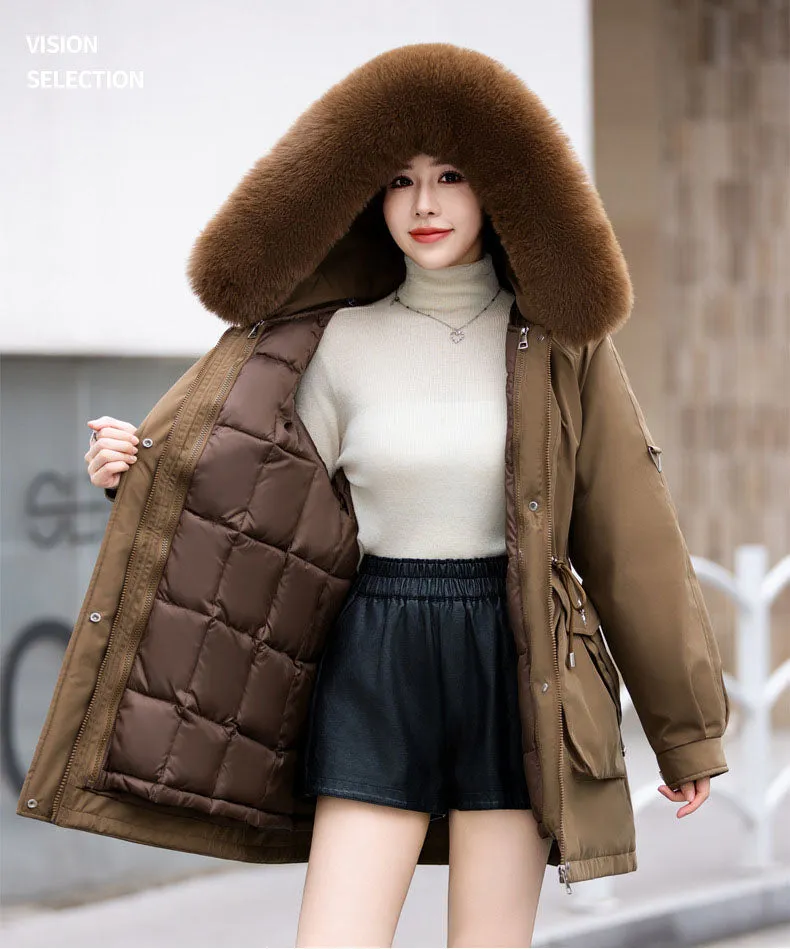 Thickened Hip-length Parka with Windproof Features and a Stain-resistant Finish