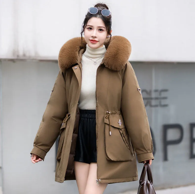 Thickened Hip-length Parka with Windproof Features and a Stain-resistant Finish