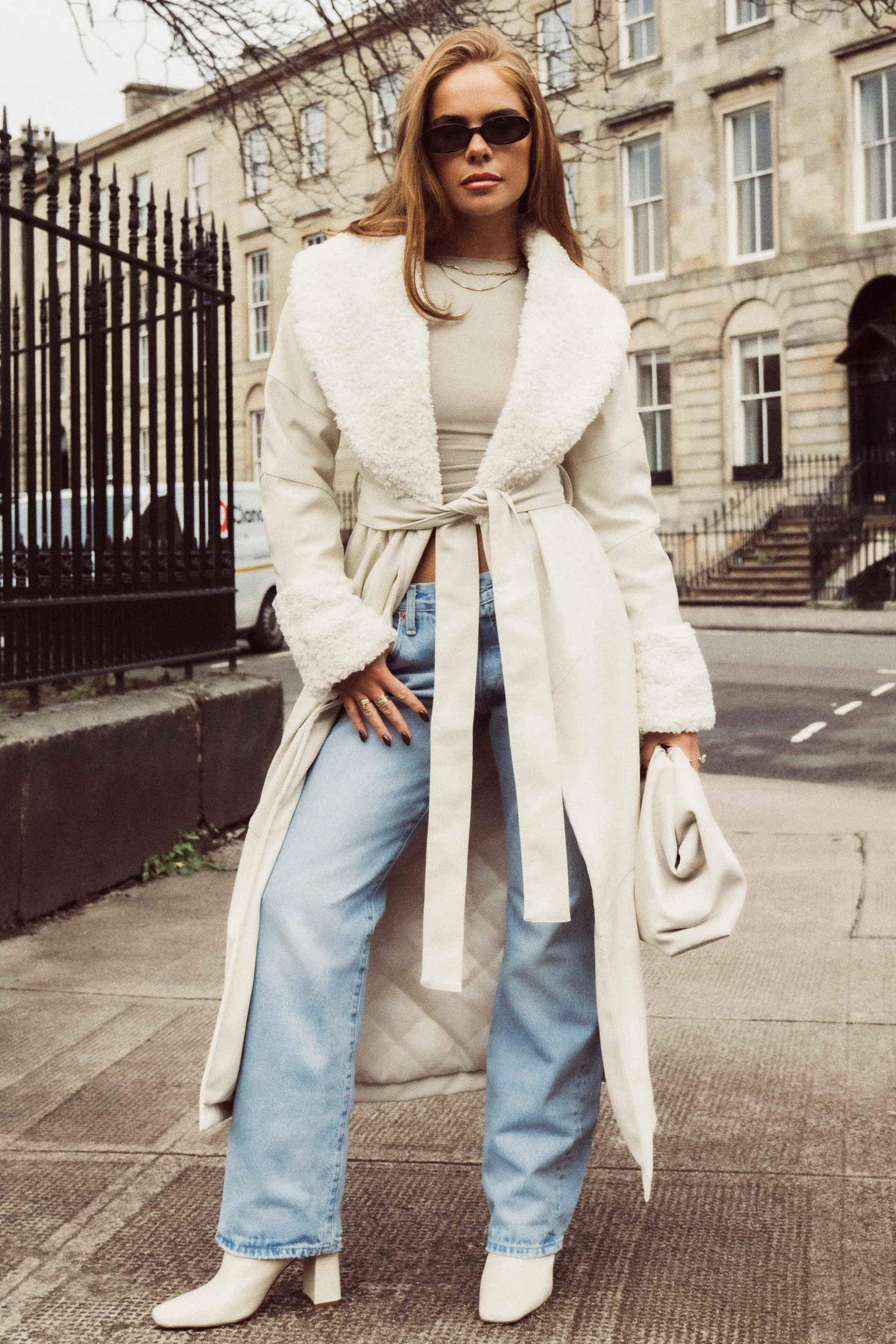 Tie Up Coat with Shearling Collar and Cuffs in Cream