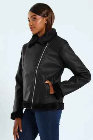 Tonal Fur Lined PU Aviator Jacket - Black