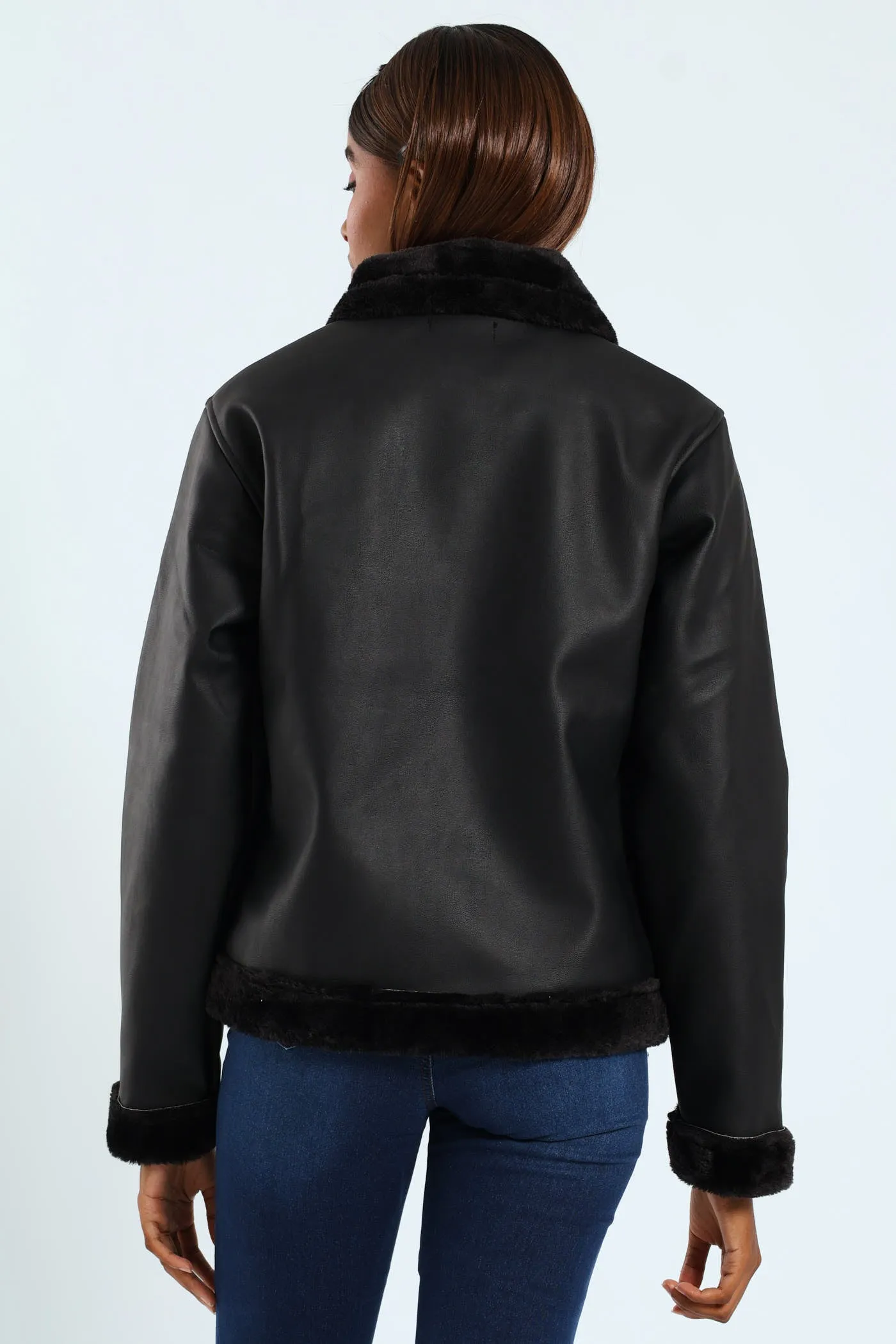 Tonal Fur Lined PU Aviator Jacket - Black