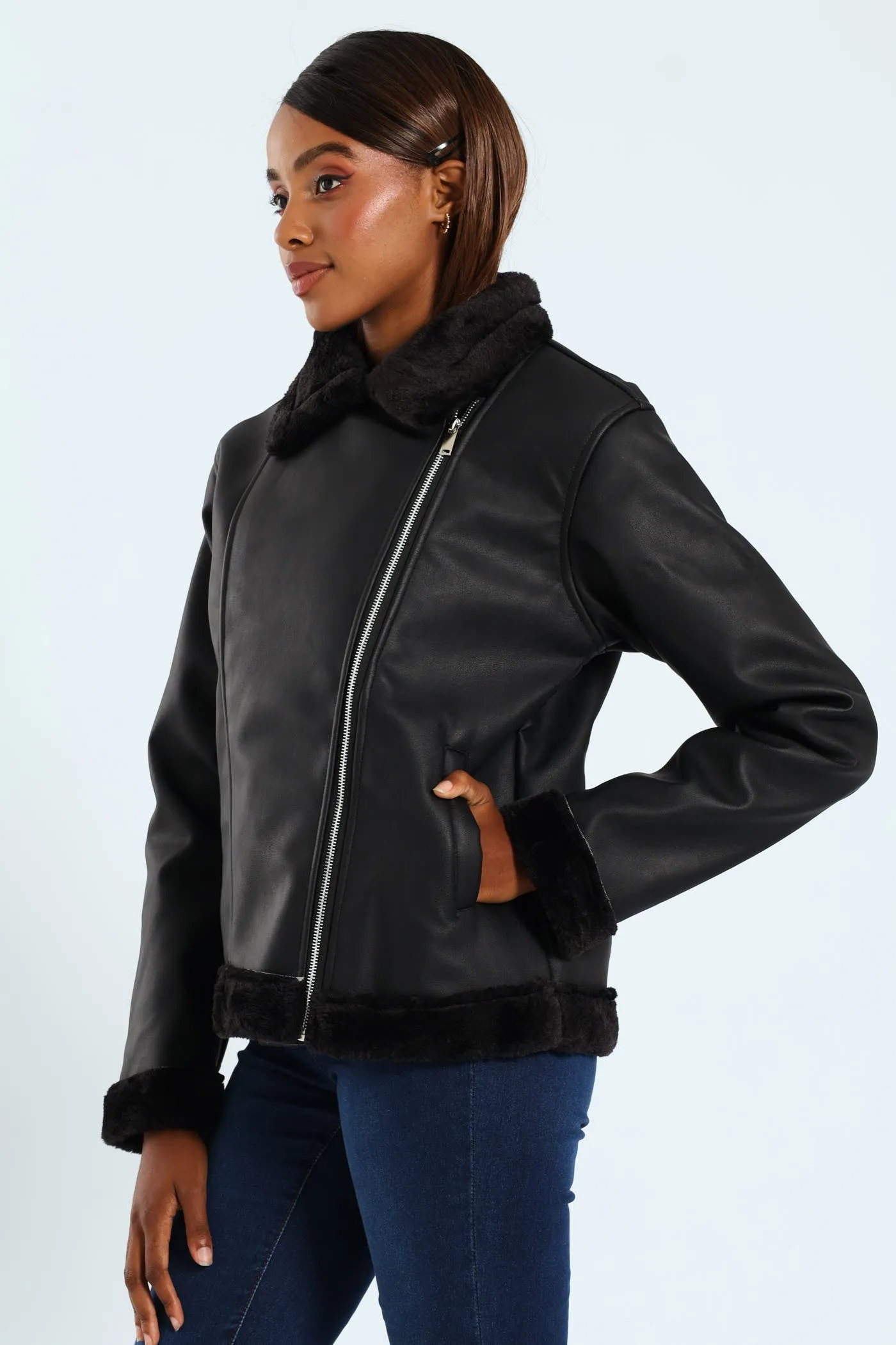 Tonal Fur Lined PU Aviator Jacket - Black