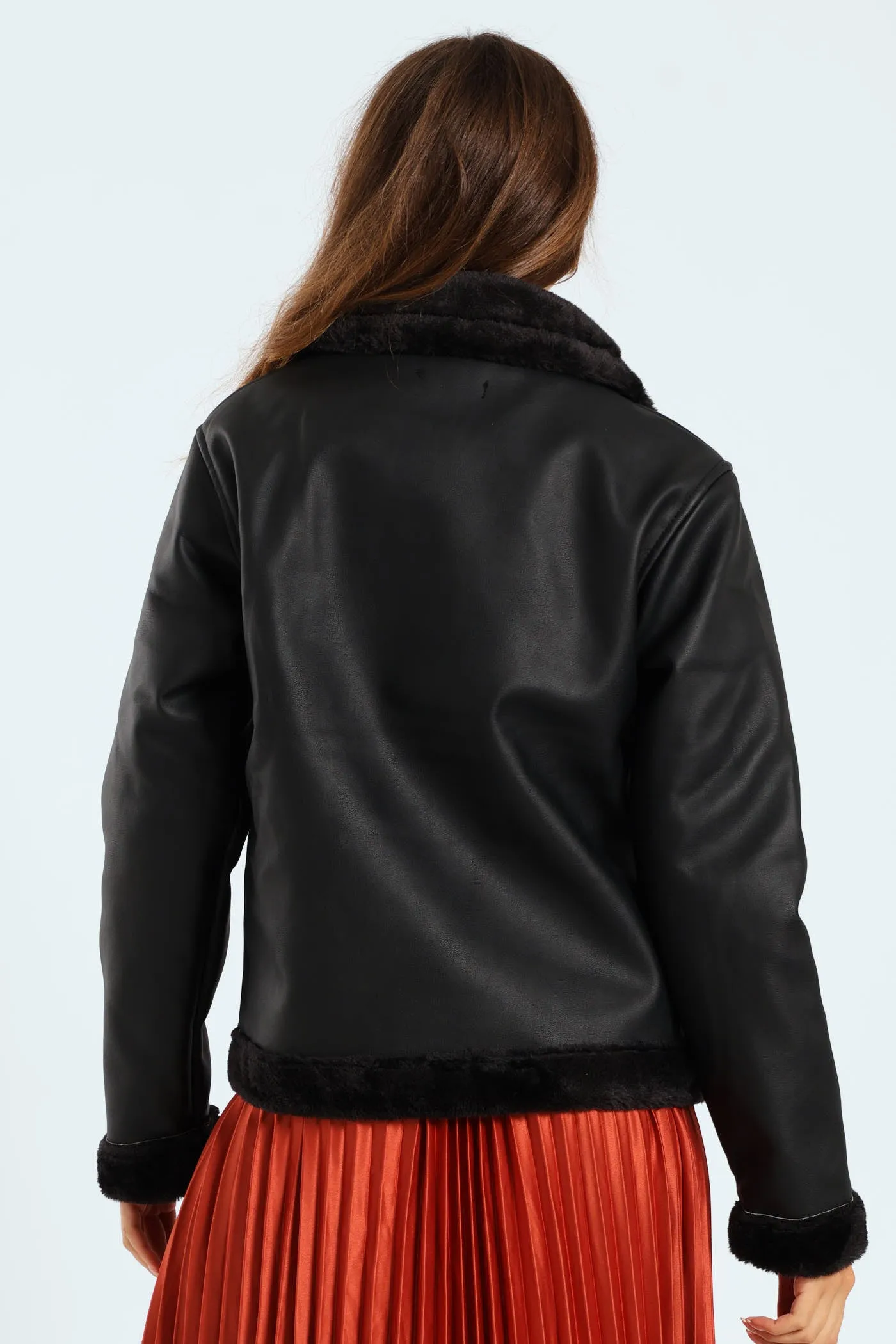 Tonal Fur Lined PU Aviator Jacket - Black