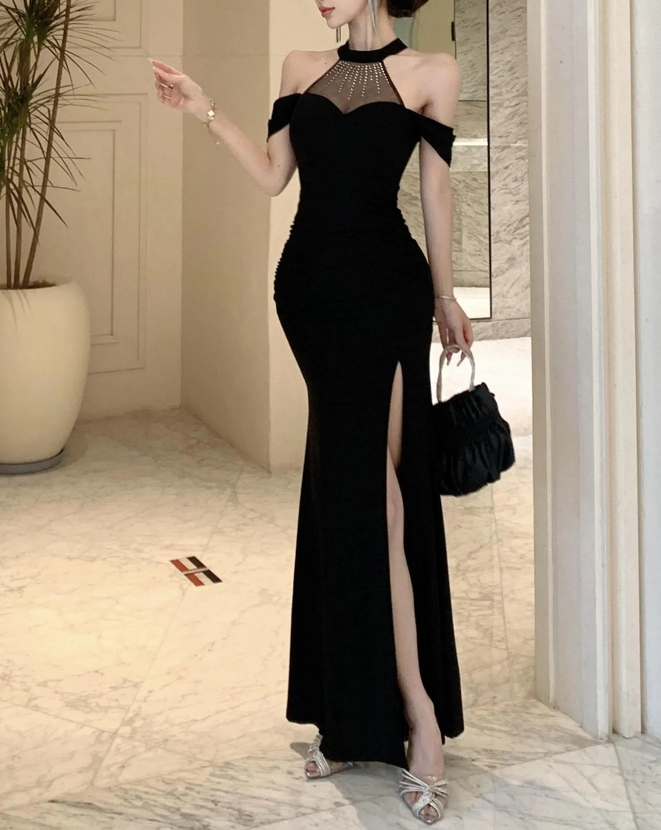 Trendy Patchwork Bodycon Dress with Sparkling Rhinestones