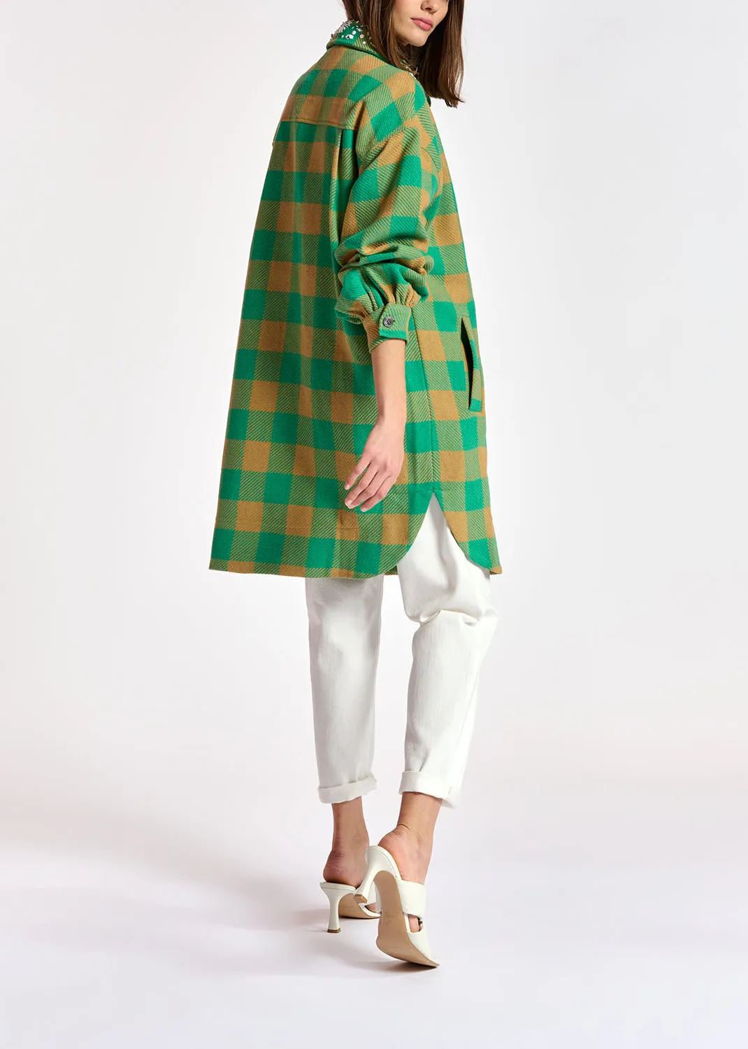 Turquoise and brown checked shirt jacket