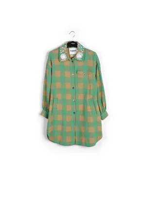 Turquoise and brown checked shirt jacket