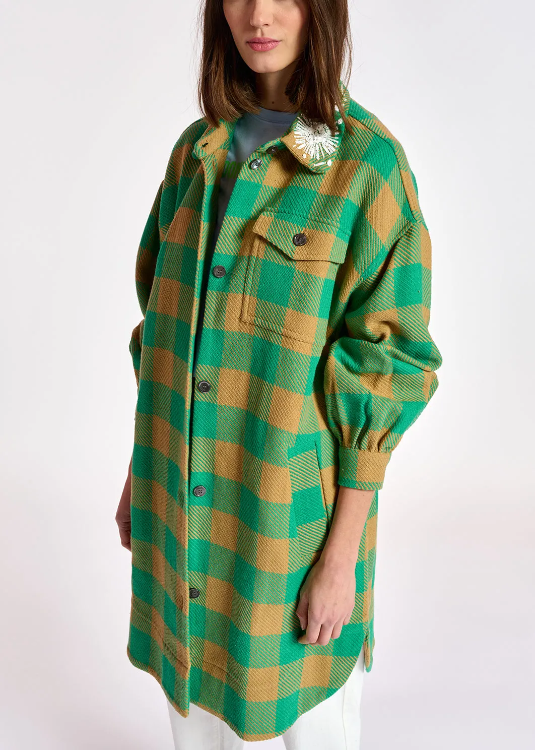 Turquoise and brown checked shirt jacket