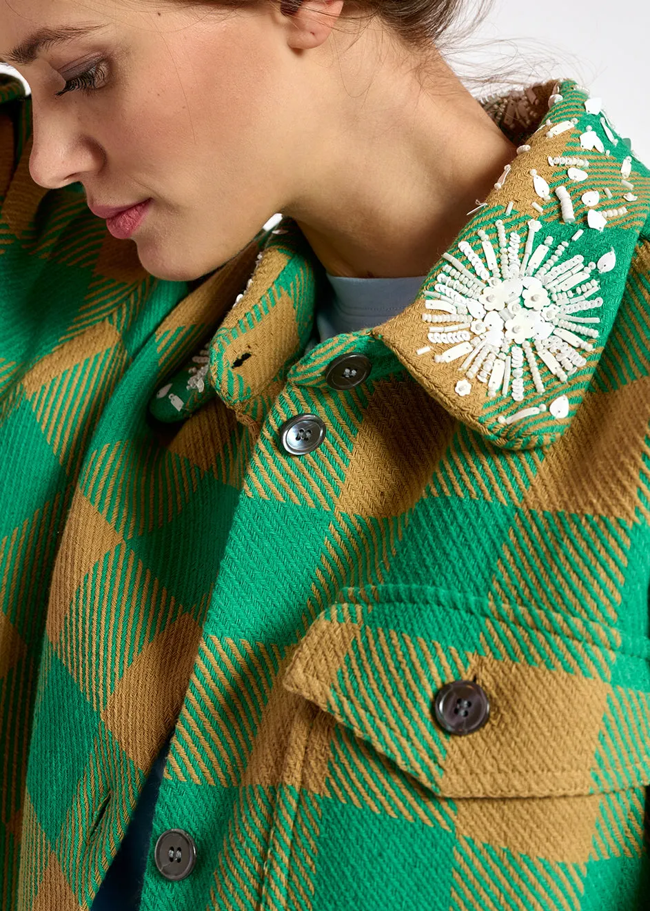 Turquoise and brown checked shirt jacket
