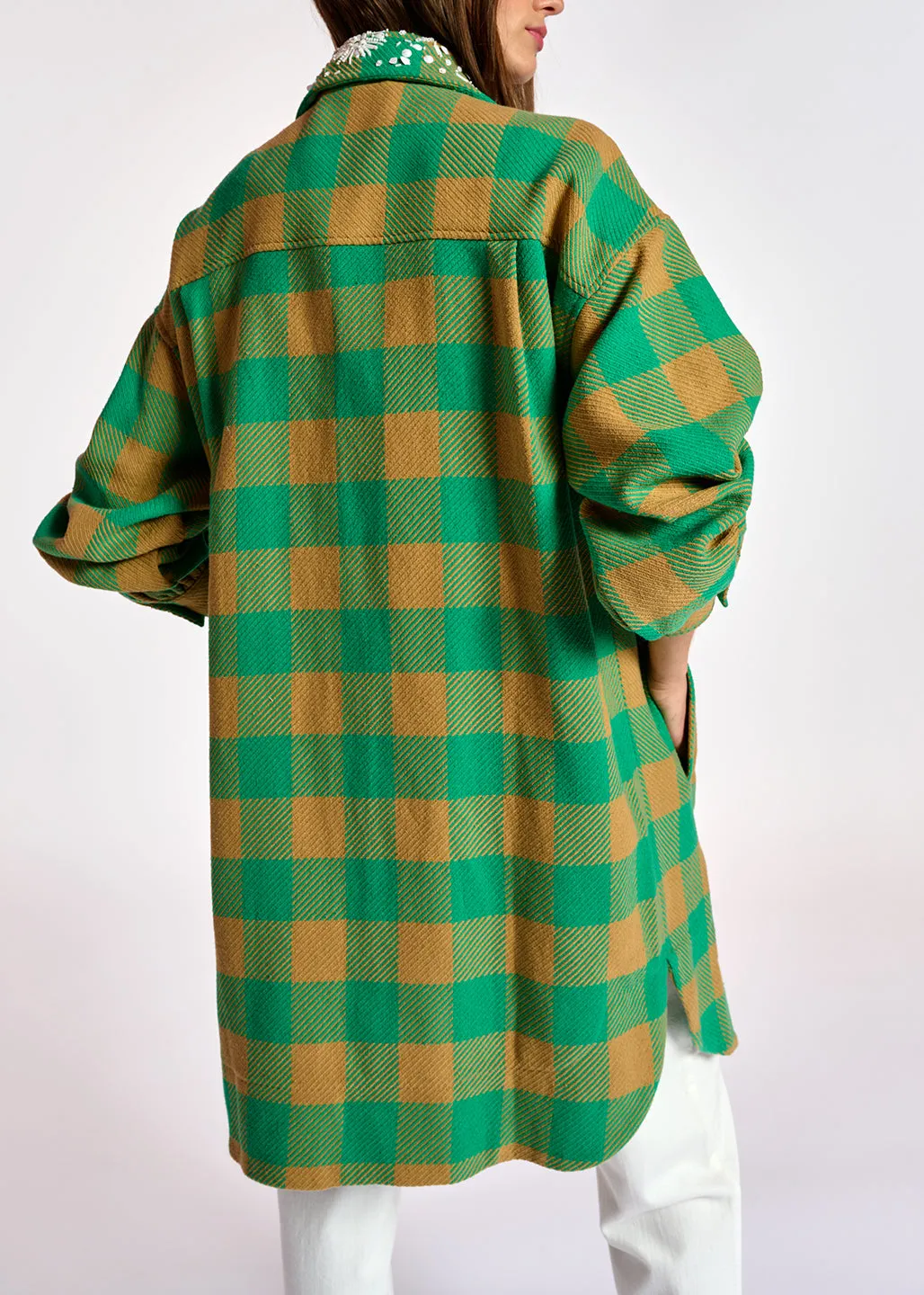 Turquoise and brown checked shirt jacket