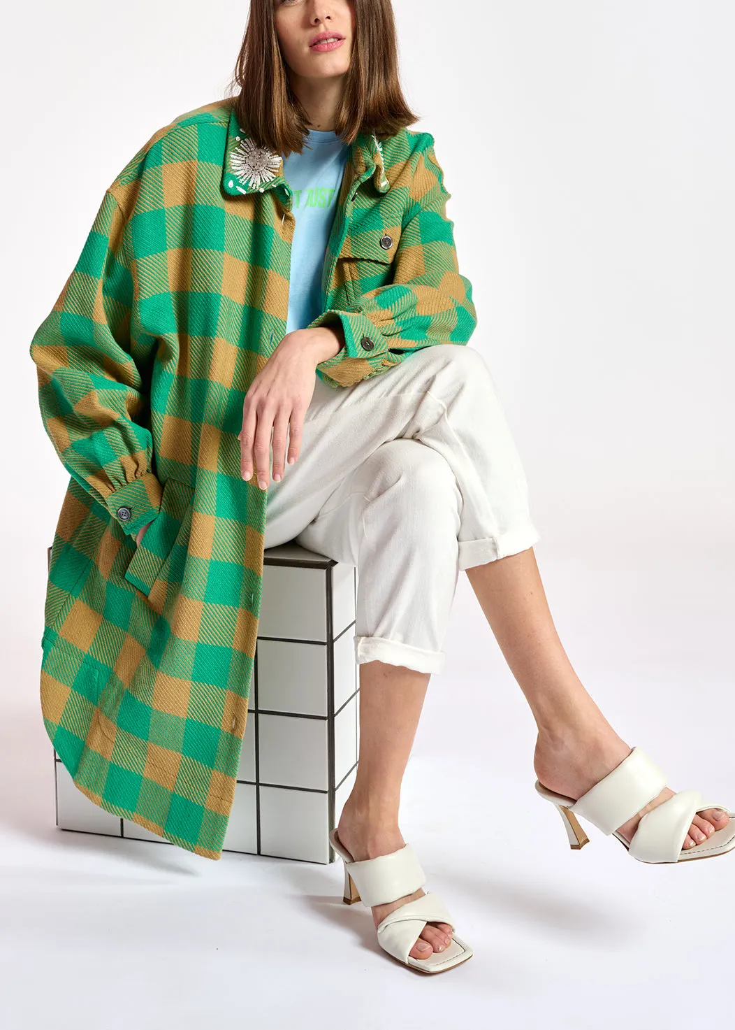 Turquoise and brown checked shirt jacket