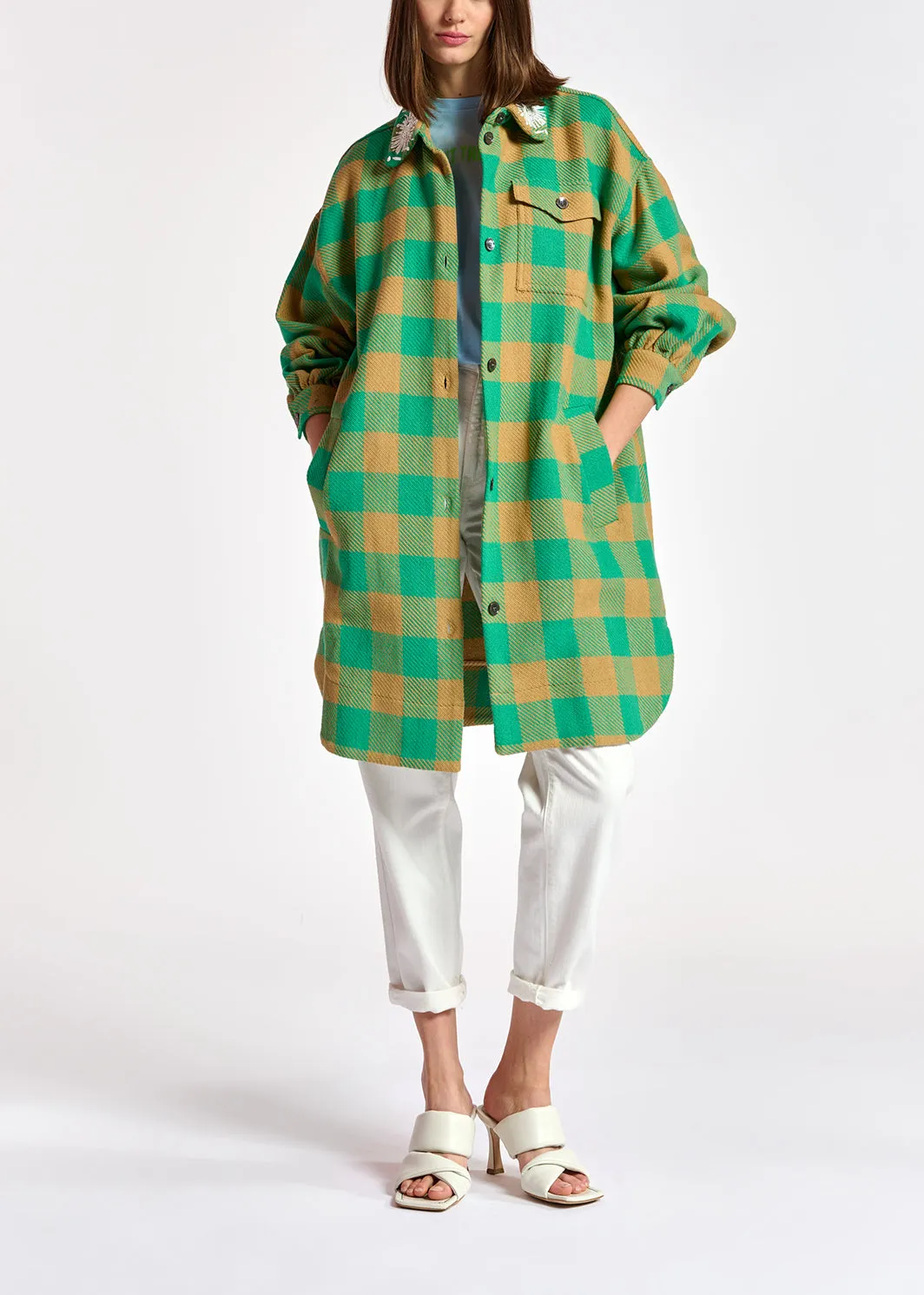 Turquoise and brown checked shirt jacket