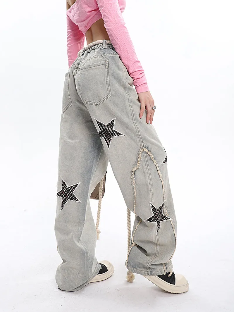 Twinkle Stars Patchwork Denim Long Jeans Pants
