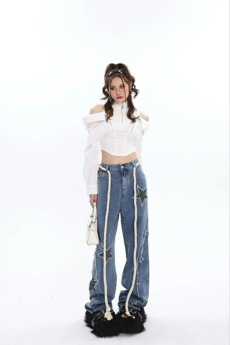 Twinkle Stars Patchwork Denim Long Jeans Pants