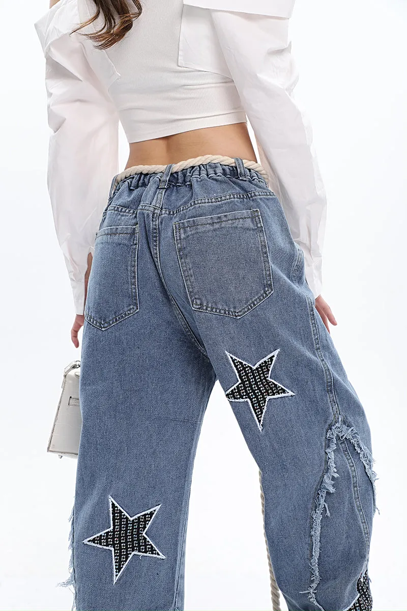 Twinkle Stars Patchwork Denim Long Jeans Pants