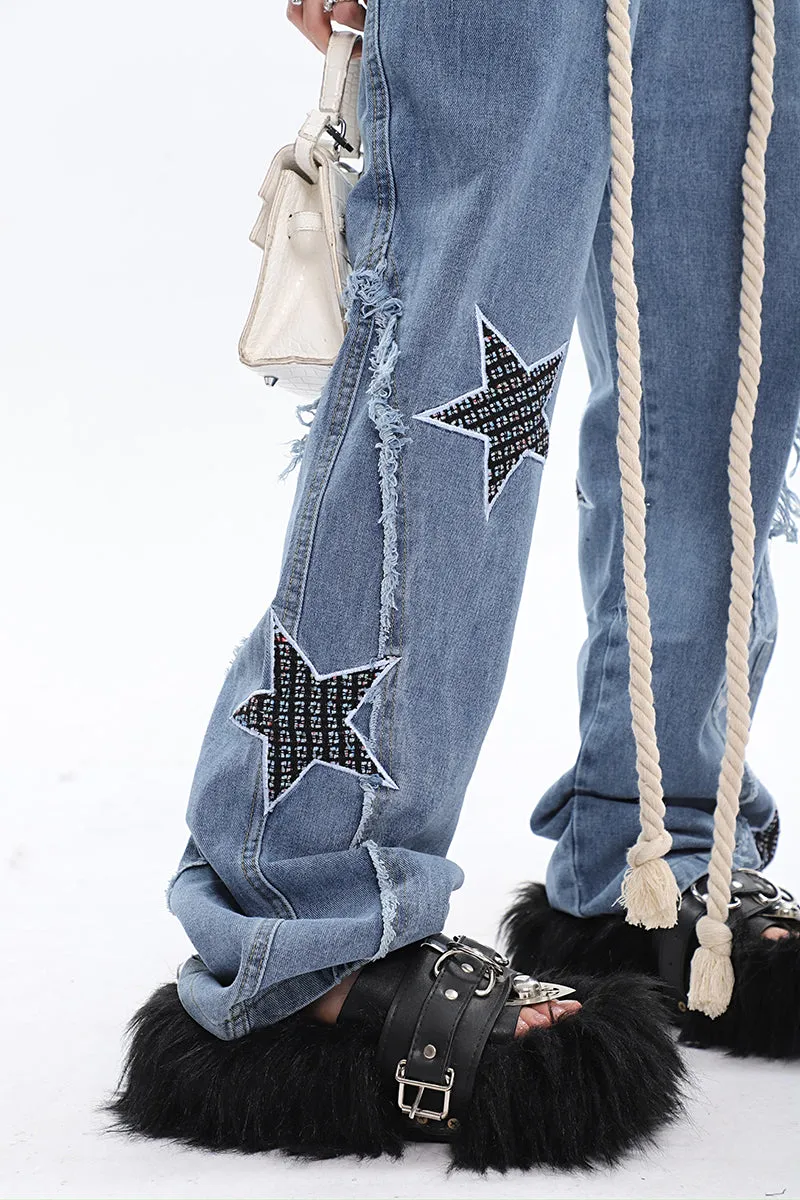 Twinkle Stars Patchwork Denim Long Jeans Pants