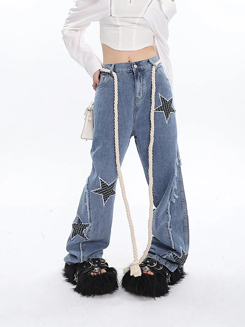 Twinkle Stars Patchwork Denim Long Jeans Pants