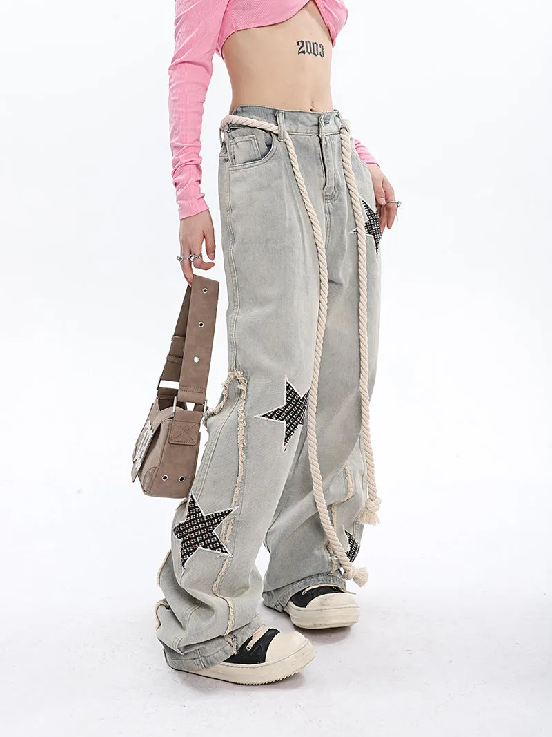 Twinkle Stars Patchwork Denim Long Jeans Pants
