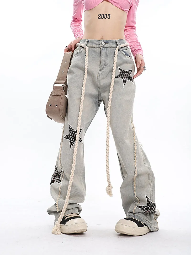 Twinkle Stars Patchwork Denim Long Jeans Pants