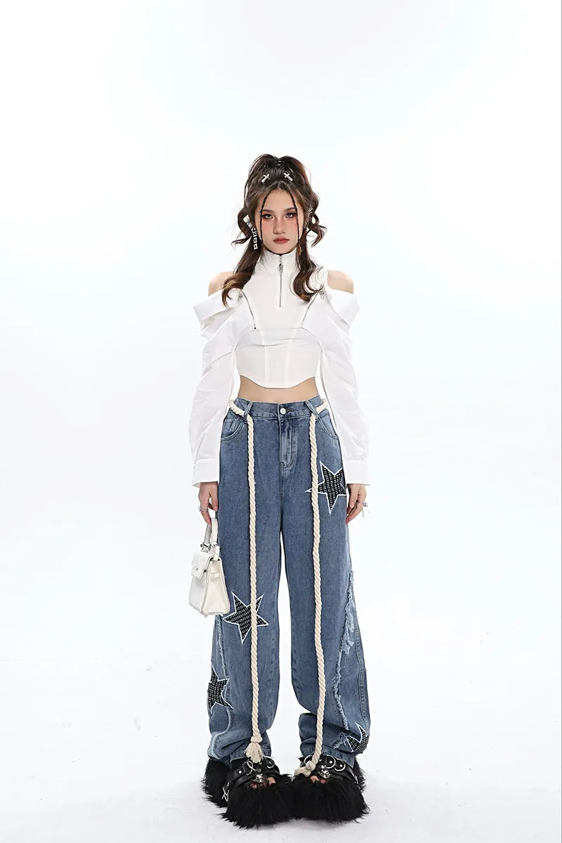 Twinkle Stars Patchwork Denim Long Jeans Pants