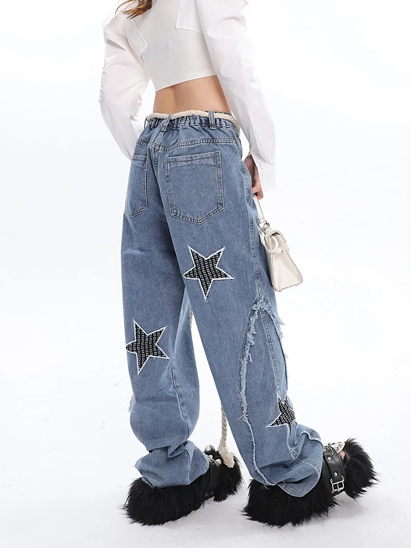 Twinkle Stars Patchwork Denim Long Jeans Pants