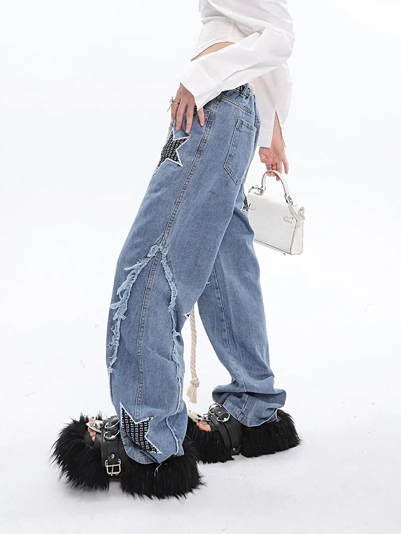 Twinkle Stars Patchwork Denim Long Jeans Pants