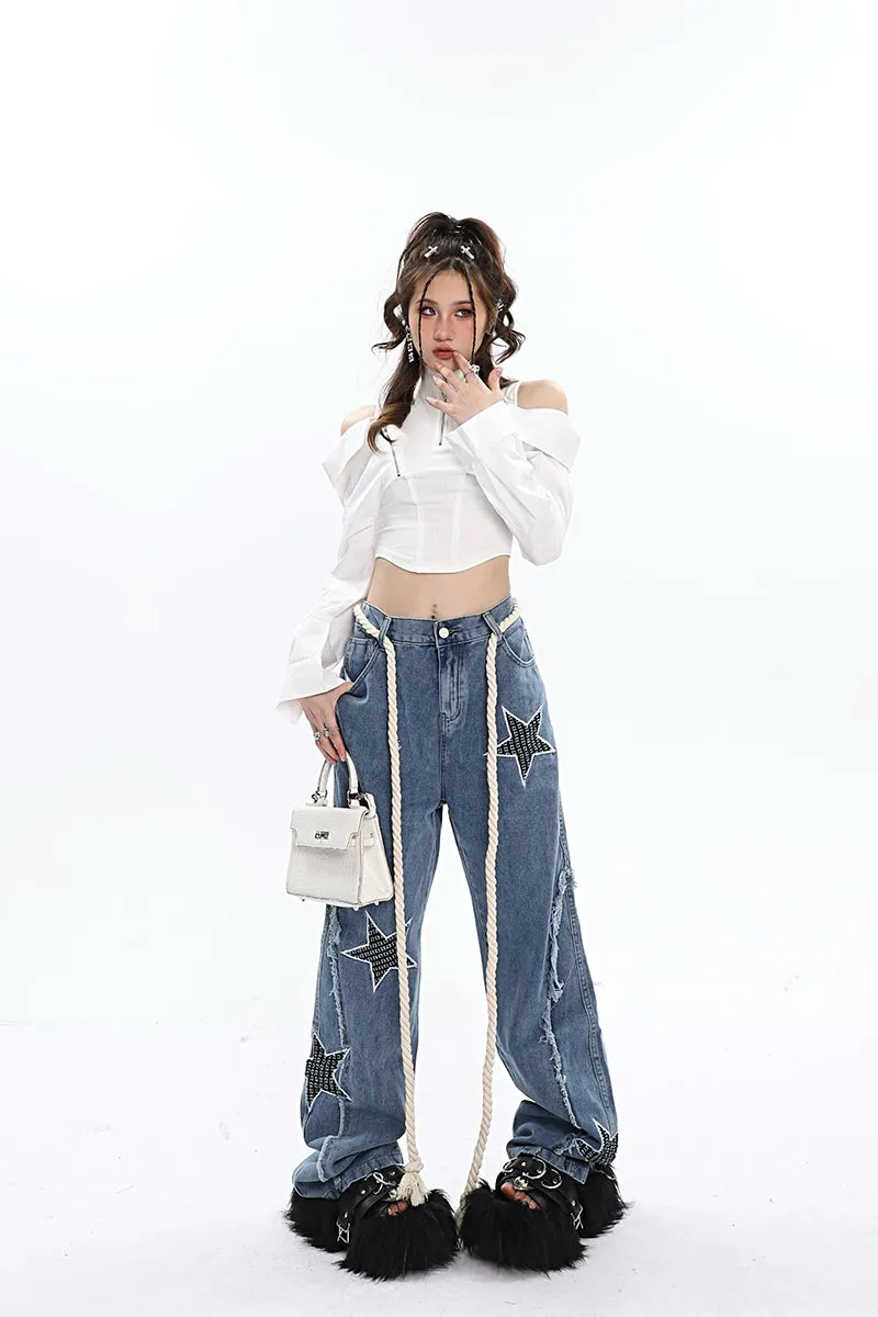 Twinkle Stars Patchwork Denim Long Jeans Pants