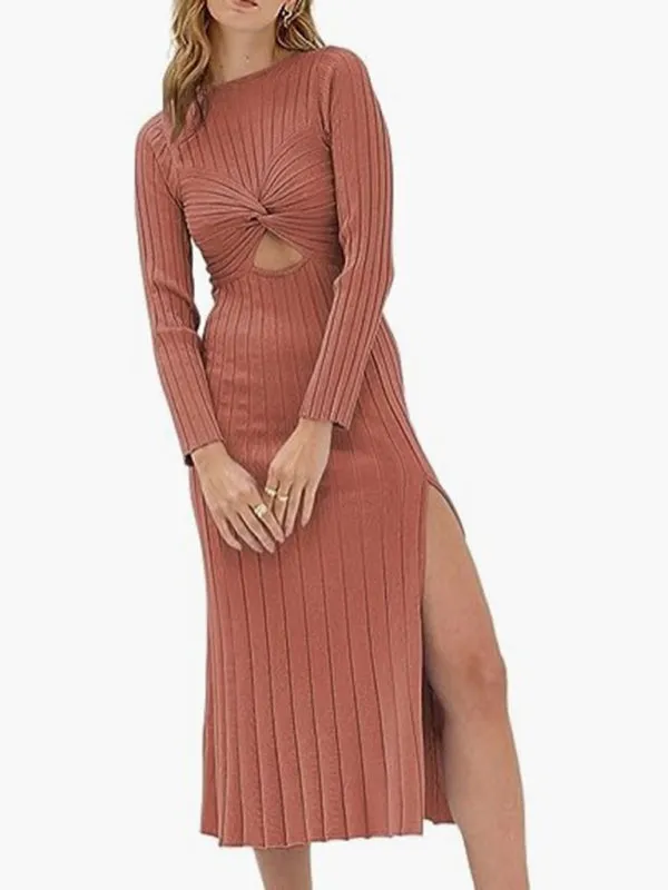 Twist Knot Ribbed Knit Midi Dress with Cutout Detail