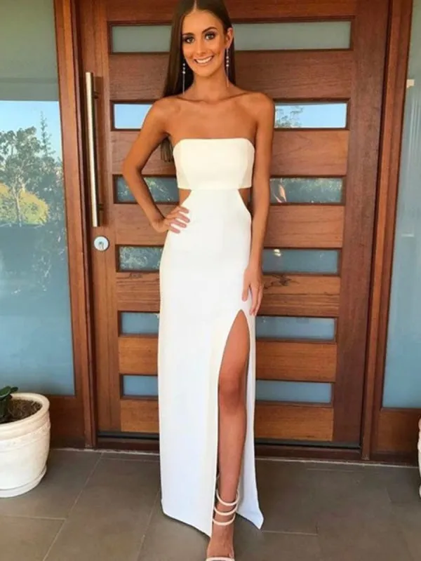 Unique Strapless Waist Cutout White Long Prom with Slit, Waist Cutout White Slit Formal Evening